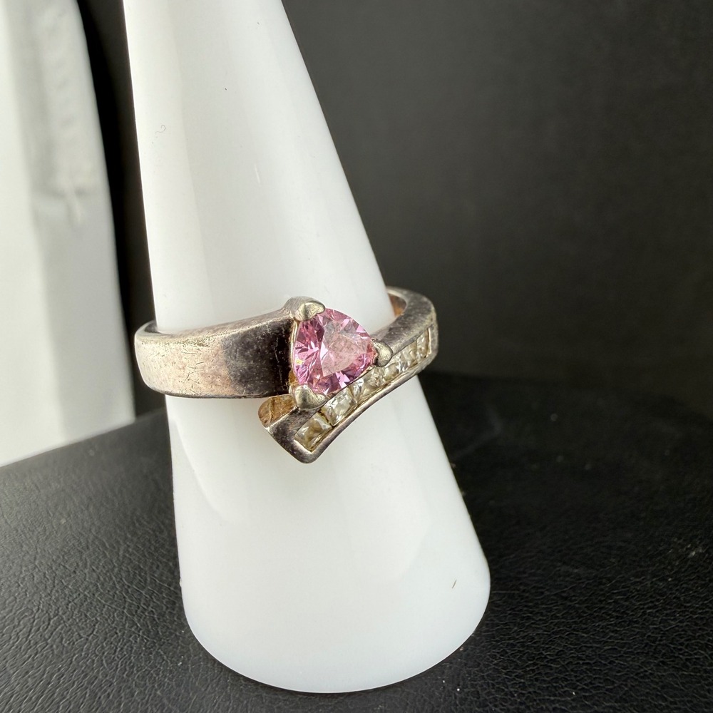 Vintage IBB Ring Pink Heart Trillion Bypass Sterling Silver Size 8.25 READ
